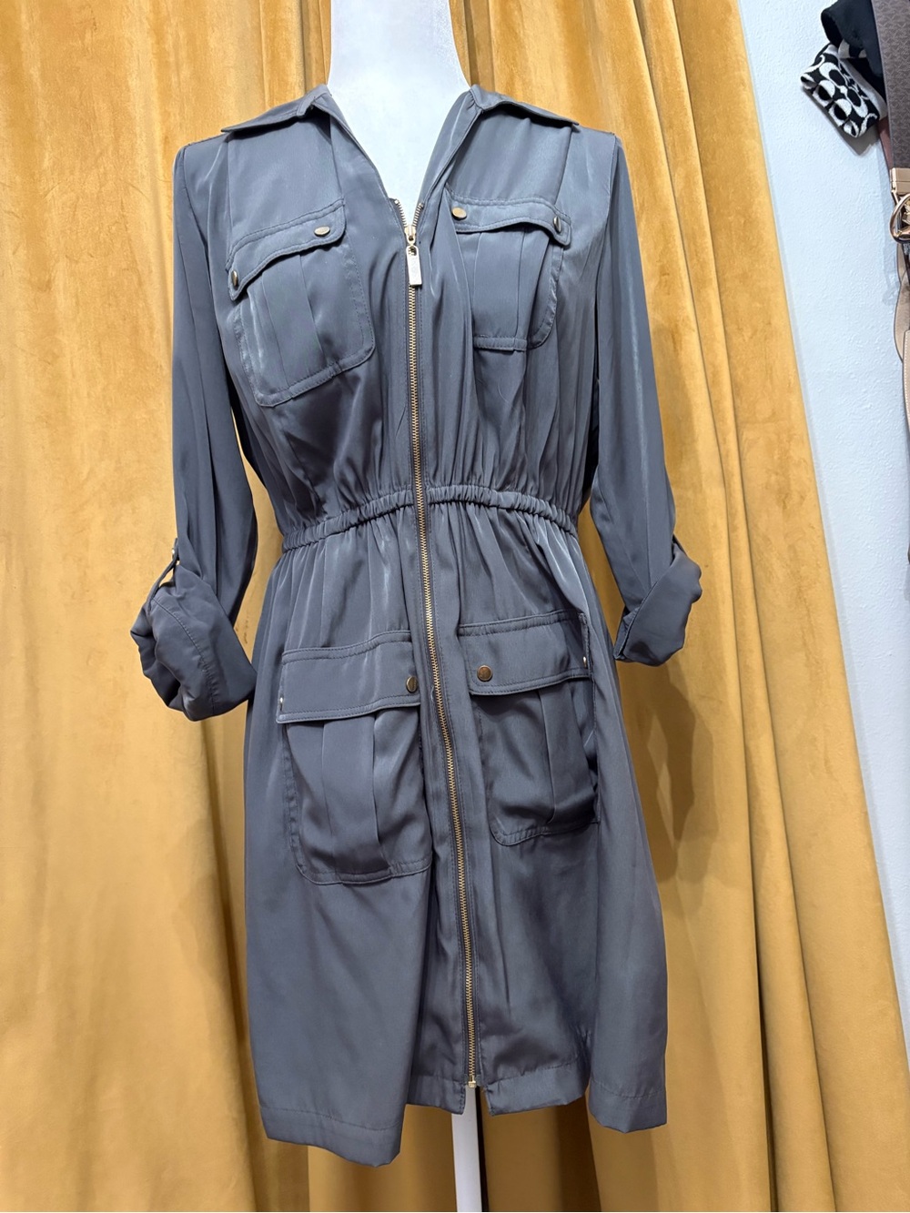 Alfani Green/grey Utility Shirt Dress with Front Zip